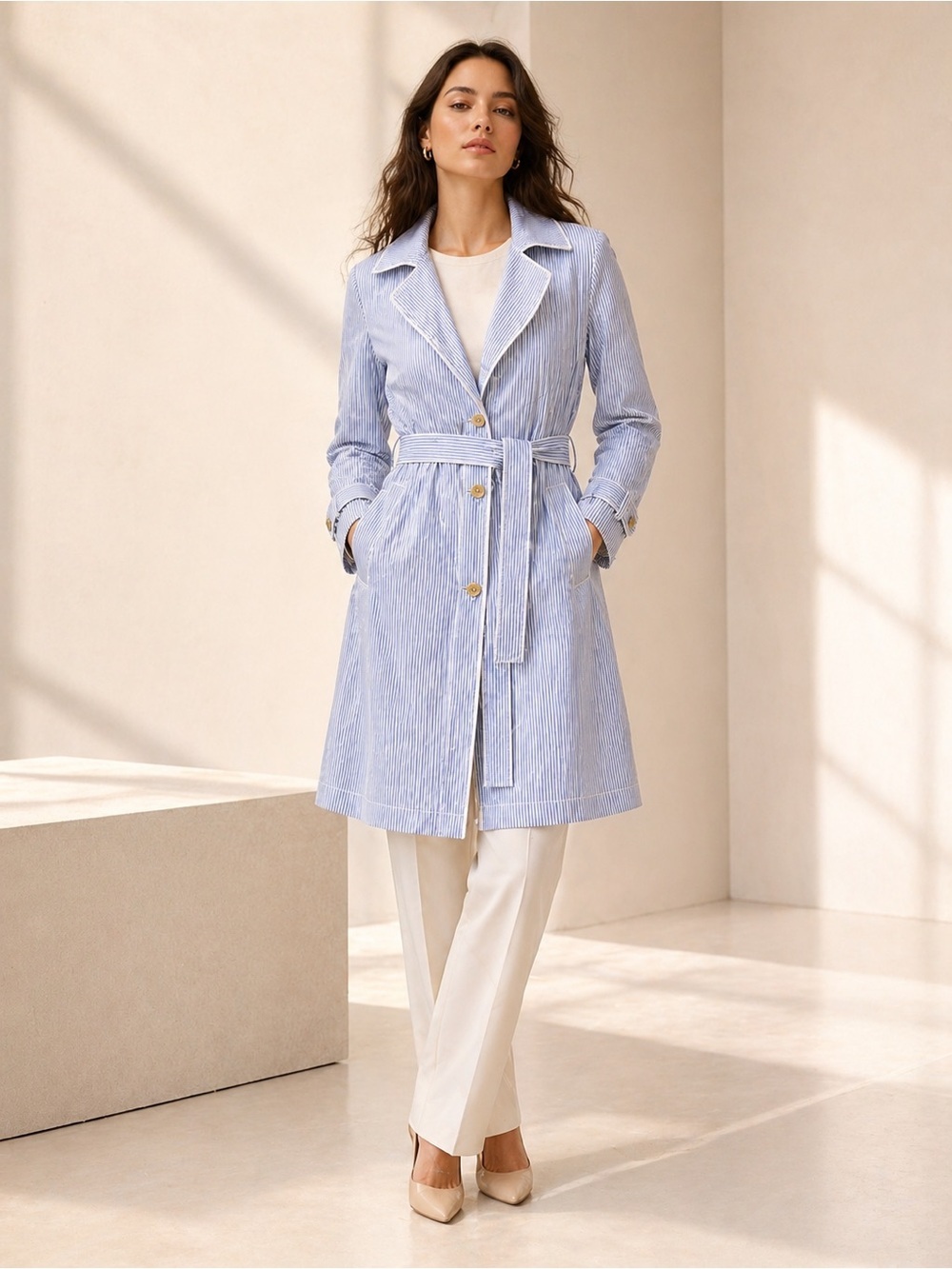 TOMMY HILFIGER Trench Coat Belted Striped Spring Jacket Classic - Picture 2 of 9